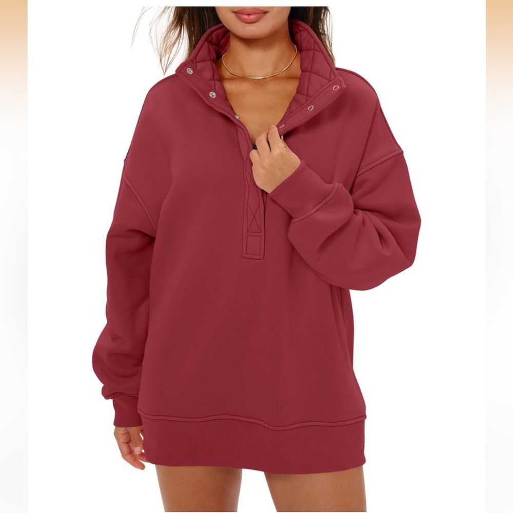 NWT Locachy Henley Neck Button Oversized Sweatshirt Burgundy size small